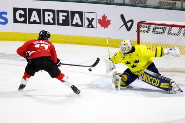 December 20, 2025, London, On, Canada: Canada forward Jett Luchanko (17) is stopped on a breakaway by Sweden goaltender Love Harenstam (30) during the third period of a IIHF World Junior Hockey Championship pre-tournament game in London, Ont., Saturday, December 20, 2025. Canada News - December 20, 2025  - ZUMAc35_ 20251220_zaf_c35_086 Copyright: xNicolexOsbornex