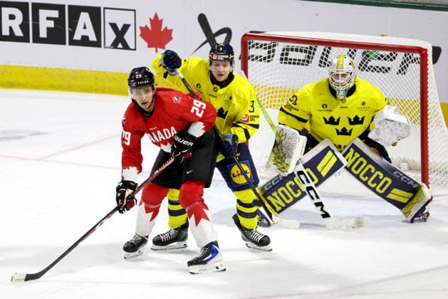 December 20, 2025, London, On, Canada: Canada forward Michael Hage (29) battles with Sweden defenceman Felix Ohrqvist (3) in front of goaltender Love Harenstam (30) during the third period of a IIHF World Junior Hockey Championship pre-tournament game in London, Ont., Saturday, December 20, 2025. Canada News - December 20, 2025  - ZUMAc35_ 20251220_zaf_c35_088 Copyright: xNicolexOsbornex
