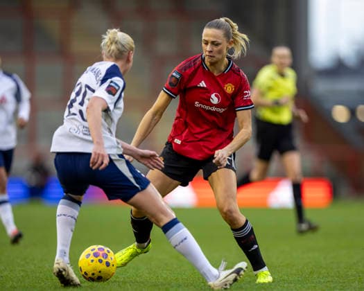 21st December 2025; Leigh Sports Village, Manchester, England; Womens League Cup Football Quarter Final, Manchester United, ManU versus Tottenham Hotspur; Fridolina Rolfo of Manchester United Women under pressure from Eveliina Summanen of Tottenham Hotspur Women  TimxWilliams