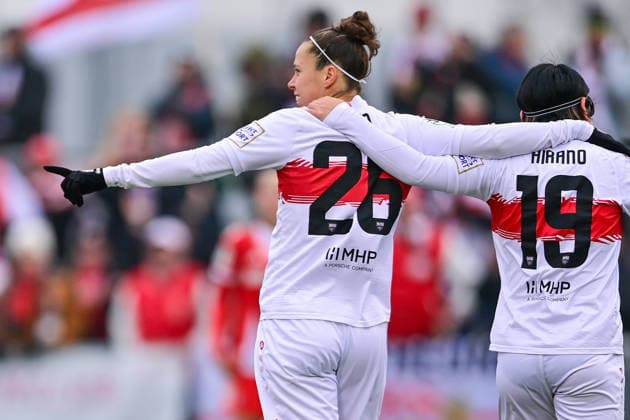 v li Nicole Billa Stuttgart, 26 Yuka Hirano Stuttgart, 19 with goal celebration, jubilation, goal celebration, celebrate the goal, goal, celebration, jubilation over the goal to 0 1 by Nicole Billa Stuttgart, 26 , optimistic, action, action, 21 12 2025, Munich Germany , Football,2 Women Bundesliga, FC Bayern München II VfB Stuttgart, DFB DFL REGULATIONS PROHIBIT ANY USE OF PHOTOGRAPHS AS IMAGE SEQUENCES AND OR QUASI VIDEO xslx