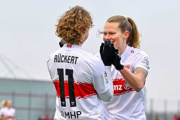 v li Torschuetziun Rosa Rückert Stuttgart, 11 and Maxi Rall Stuttgart, 8 with goal celebration, jubilation, goal celebration, celebrate the goal, goal, celebration, jubilation over the goal to 1 2, optimistic, action, action, 21 12 2025, Munich Germany , Football,2 Women Bundesliga, FC Bayern München II VfB Stuttgart, DFB DFL REGULATIONS PROHIBIT ANY USE OF PHOTOGRAPHS AS IMAGE SEQUENCES AND OR QUASI VIDEO xslx