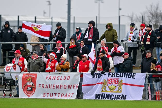 Stuttgart fans create atmosphere, fans, audience, spectators, mood, atmosphere, stadium, 21 12 2025, Munich Germany , Football,2 Women Bundesliga, FC Bayern München II VfB Stuttgart, DFB DFL REGULATIONS PROHIBIT ANY USE OF PHOTOGRAPHS AS IMAGE SEQUENCES AND OR QUASI VIDEO xslx