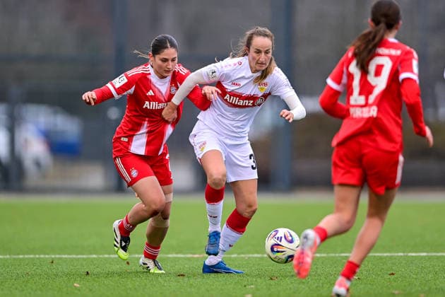 v li Elira Terakaj FCB, 7 Tamar Dongus Stuttgart, 32 in duel, duel, tackle, dynamic, action, action, 21 12 2025, Munich Germany , Football,2 Women Bundesliga, FC Bayern München II VfB Stuttgart, DFB DFL REGULATIONS PROHIBIT ANY USE OF PHOTOGRAPHS AS IMAGE SEQUENCES AND OR QUASI VIDEO xslx