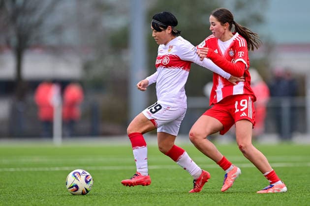 v li Yuka Hirano Stuttgart, 19 Laila Portella FCB, 19 in duel, duel, tackle, dynamic, action, action, 21 12 2025, Munich Germany , Soccer,2 Women Bundesliga, FC Bayern München II VfB Stuttgart, DFB DFL REGULATIONS PROHIBIT ANY USE OF PHOTOGRAPHS AS IMAGE SEQUENCES AND OR QUASI VIDEO xslx