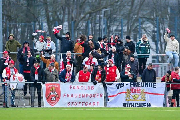 Stuttgart fans create atmosphere, fans, audience, spectators, mood, atmosphere, stadium, 21 12 2025, Munich Germany , Football,2 Women Bundesliga, FC Bayern München II VfB Stuttgart, DFB DFL REGULATIONS PROHIBIT ANY USE OF PHOTOGRAPHS AS IMAGE SEQUENCES AND OR QUASI VIDEO xslx