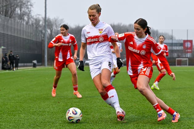 v li Maxi Rall Stuttgart, 8 Laila Portella FCB, 19 in duel, duel, tackle, dynamic, action, 21 12 2025, Munich Germany , Football,2 Women Bundesliga, FC Bayern München II VfB Stuttgart, DFB DFL REGULATIONS PROHIBIT ANY USE OF PHOTOGRAPHS AS IMAGE SEQUENCES AND OR QUASI VIDEO xslx