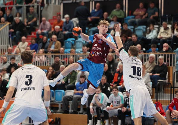 GER HBL2 Season 2025 2026 VfL Potsdam vs SG BBM Bietigheim, 21 12 25, MBS Arena, Potsdam Nikola VLAHOVIC SG BBM Bietigheim 3 , Dustin KRAUS 1 VfL Potsdam 47 , Fabian WIEDERSTEIN SG BBM Bietigheim 18