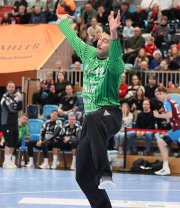 GER HBL2 Season 2025 2026 VfL Potsdam vs SG BBM Bietigheim, 21 12 25, MBS Arena, Potsdam Martin TOMOVSKI SG BBM Bietigheim 24 saves a throw from left wing, goalkeeper, save