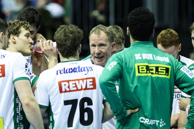 Coach Frank Carstens SC DHfK Leipzig with his players Handball Bundesliga season 2025 2026 SC Magdeburg vs SC DHFK Leipzig at the GETEC Arena in Magdeburg Handball,Germany,21 12 2025