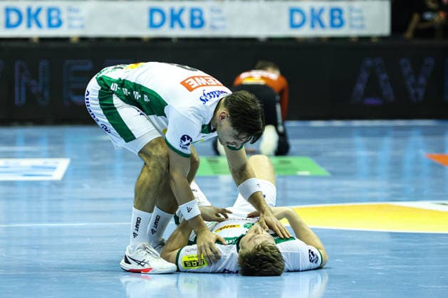 Lucas Krzikalla SC DHfK Leipzig,8 and Franz Semper SC DHFK Leipzig,32 Handball Bundesliga Season 2025 2026 SC Magdeburg vs SC DHFK Leipzig at the GETEC Arena in Magdeburg Action,Handball,Germany,21 12 2025