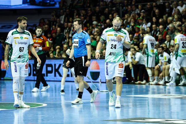 Moritz Preuss SC DHfK Leipzig,24 and Dean Bombac SC DHfK Leipzig,67 Handball Bundesliga Season 2025 2026 SC Magdeburg vs SC DHFK Leipzig at the GETEC Arena in Magdeburg Action,Handball,Germany,21 12 2025