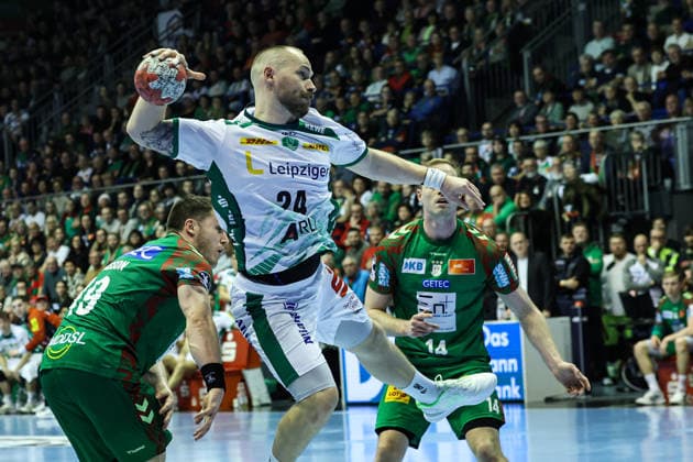 Moritz Preuss SC DHfK Leipzig,24 Handball Bundesliga Season 2025 2026 SC Magdeburg vs SC DHFK Leipzig at the GETEC Arena in Magdeburg Action,Handball,Germany,21 12 2025