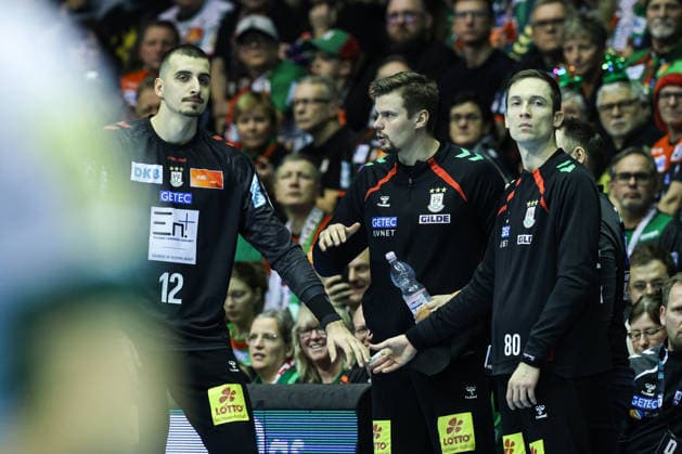Matej Mandic SC Magdeburg,12 , Goalkeeper Sergey Hernandez Ferrer SC Magdeburg,1 , Goalkeeper Nikola Portner SC Magdeburg,80 Handball Bundesliga Season 2025 2026 SC Magdeburg vs SC DHFK Leipzig at the GETEC Arena in Magdeburg Handball,Germany,21 12 2025