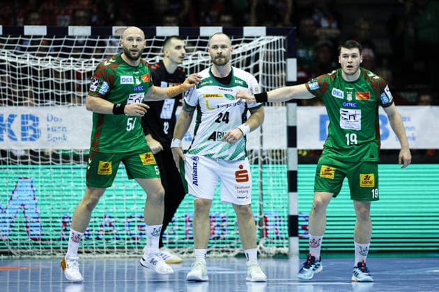 Moritz Preuss SC DHfK Leipzig,24 vs Oscar Bergendahl SC Magdeburg,54 and Elvar Örn Jonsson SC Magdeburg,19 Handball Bundesliga Season 2025 2026 SC Magdeburg vs SC DHFK Leipzig at the GETEC Arena in Magdeburg Action,Handball,Germany,21 12 2025