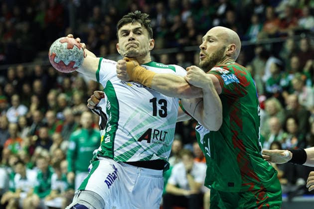 Matej Klima SC DHFK Leipzig,13 vs Oscar Bergendahl SC Magdeburg,54 Handball Bundesliga Season 2025 2026 SC Magdeburg vs SC DHFK Leipzig at the GETEC Arena in Magdeburg Action,Handball,Germany,21 12 2025