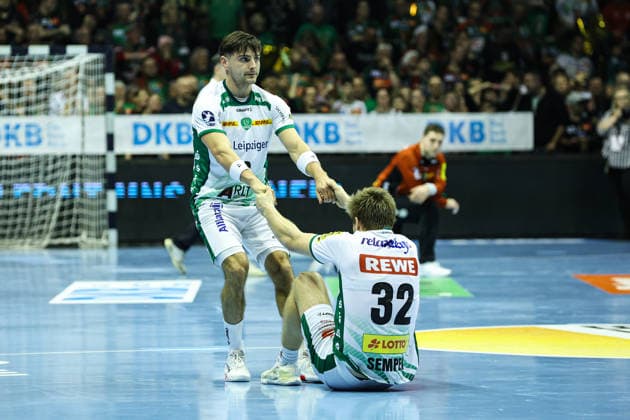 Lucas Krzikalla SC DHfK Leipzig,8 and Franz Semper SC DHFK Leipzig,32 Handball Bundesliga Season 2025 2026 SC Magdeburg vs SC DHFK Leipzig at the GETEC Arena in Magdeburg Action,Handball,Germany,21 12 2025