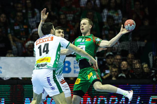Omar Ingi Magnusson SC Magdeburg,14 vs Marko Mamic SC DHfK Leipzig,14 Handball Bundesliga Season 2025 2026 SC Magdeburg vs SC DHFK Leipzig at the GETEC Arena in Magdeburg Action,Handball,Germany,21 12 2025