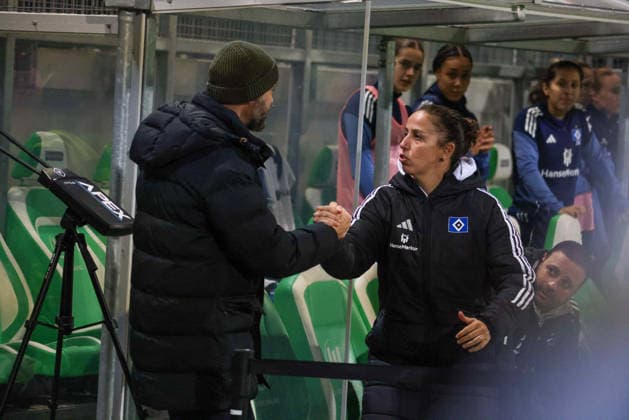 Wolfsburg, Germany December 21, 2025 1 BL Women 2025 2026 VfL Wolfsburg vs Hamburger SV Pictured from left head coach Stephan Lerch VfL and head coach Liese Brancao HSV meet before the match in Wolfsburg DFB regulations prohibit any use of photographs as image sequences and or quasi video AOK Stadion Niedersachsen Copyright: xFotostandx xFantinix