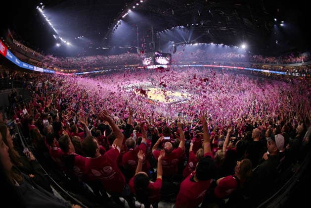 Fans with confetti at Telekom Baskets Bonn vs FC Bayern Munich Basketball Record game in front of over 19,000 spectators in the Lanxess Arena Kölnarena, Koelnarena 31 Speiltag Saison 2025 26