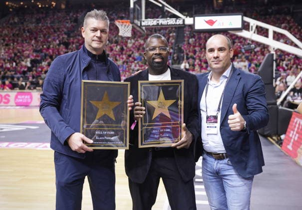 Former players Klaus Perwas and Eric Taylor with shareholder Maxim Krtschil Telekom Baskets Bonn vs FC Bayern Munich Basketball Record match in front of over 19,000 spectators in the Lanxess Arena Kölnarena, Koelnarena 31 Speiltag Saison 2025 26