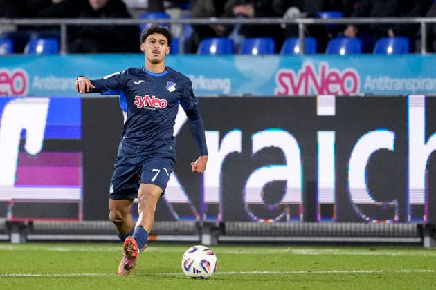 Ayoube Amaimouni Echghouyab TSG II, 7 , on the ball, cropped, full body, single image, single photo, action, action, 21 12 2025, Sinsheim Hoffenheim Germany , Football, 3 Liga, TSG 1899 Hoffenheim II SV Wehen Wiesbaden, DFB DFL REGULATIONS PROHIBIT ANY USE OF PHOTOGRAPHS AS IMAGE SEQUENCES AND OR QUASI VIDEO xozx