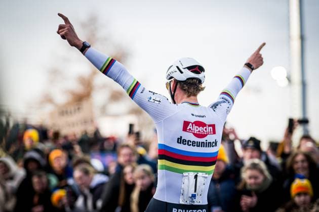 Dutch Mathieu Van Der Poel celebrates as he crosses the finish line to win the men elite race of the Plage Cross cyclocross cycling event in Hofstade, stage 4 8 in the X20 Badkamers Trofee competition, Monday 22 December 2025. JASPERxJACOBS  x150831956x