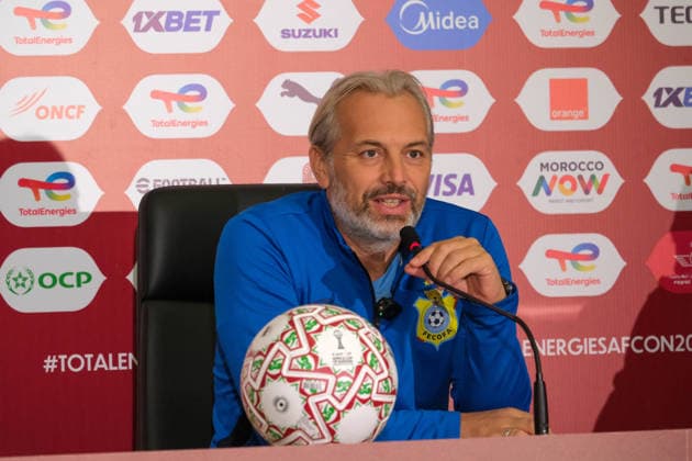 RABAT, MOROCCO - DECEMBER 22: Coach Sebastien Desabre of Congo during the Africa Cup of Nations (AFCON) press conference, PK, Pressekonferenz between Dr Congo and Benin Republic on December 22nd at the media centre in Rabat, Morocco. Photo by Chris Kimba Copyright: xChrisxKimbax