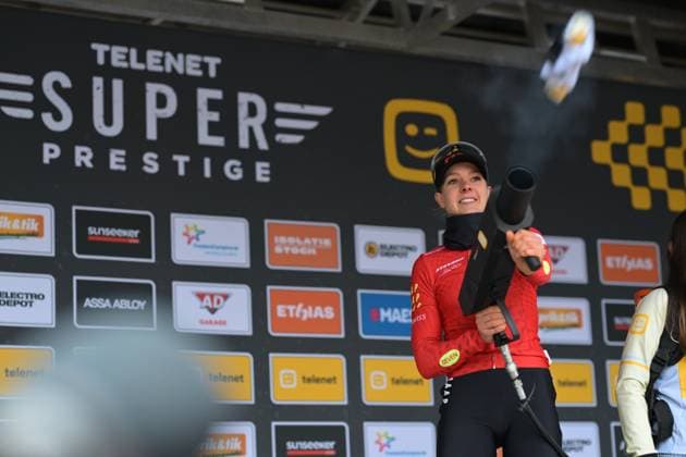 Dutch Aniek Van Alphen celebrates on the podium after the women elite race at the cyclocross cycling event in Heusden-Zolder, stage 5 8 in the Superprestige competition, Tuesday 23 December 2025. DAVIDxPINTENS  x150969521x