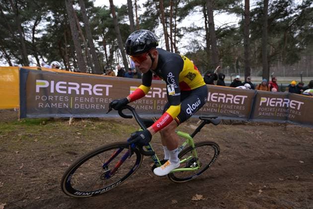 Belgian Thibau Nys pictured in action during the men elite race at the cyclocross cycling event in Heusden-Zolder, stage 5 8 in the Superprestige competition, Tuesday 23 December 2025. DAVIDxPINTENS  x150972989x