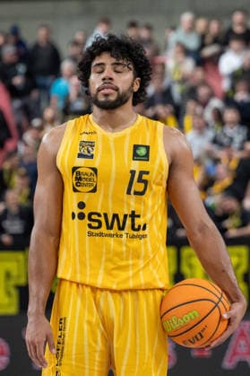 Patrick Emilien Tigers Tuebingen 15 , Eyes closed GER, Tigers Tuebingen vs Artland Dragons Quakenbrueck, Basketball, Men, Barmer 2 Basketball Bundesliga, ProA, Matchday 14, Season 2025 2026, 23 12 2025, GER, Tigers Tuebingen vs Artland Dragons Quakenbrueck, Basketball, Men, Barmer 2 Basketball Bundesliga, ProA, Matchday 14, Season 2025 2026, 23 12 2025 Tuebingen Copyright: xEibner-Pressefoto WolfgangxFrankx EP_WFK