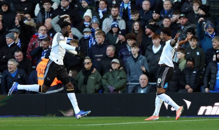 Patrick Agyemang of Derby County celebrates scoring a goal to make the score 0-1 with Rhian Brewster Birmingham City v Derby County, Sky Bet Championship, Football, St. Andrew s at Knighthead Park, Birmingham, UK - 26 Dec 2025Birmingham St. Andrew s at Knighthead Park United Kingdom EDITORIAL USE ONLY No use with unauthorised audio, video, data, fixture lists, club league logos or live services. Online in-match use limited to 120 images, no video emulation. No use in betting, games or single club league player publications. Copyright: xKieranxMcManus Shutterstockx 16191502z