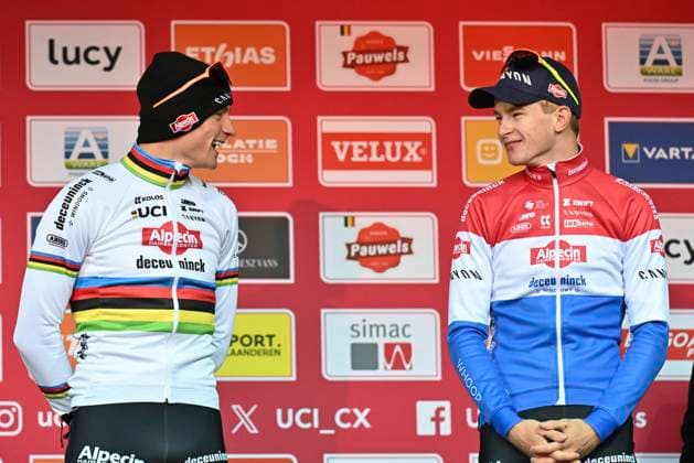 UCI Cyclocross World Cup 2025-2026 Gavere GAVERE, BELGIUM - DECEMBER 26 : Van Der Poel Mathieu (NED) of Alpecin-Deceuninck and Del Grosso Tibor (NED) of Alpecin-Deceuninck pictured during the podium ceremony of the 7th leg of the Gavere UCI Cyclocross World Cup 2025-2026 a cyclocross race for Men Elite on December 26, 2025 in Gavere, Belgium, 26 12 2025 ( Gavere Belgium  Copyright: xBcex
