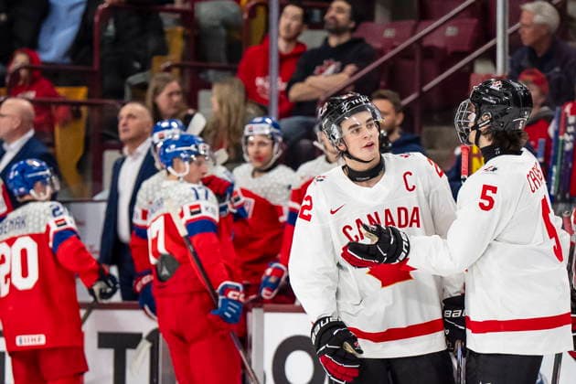December 26, 2025, Minneapolis, Mn, Canada: Canada s Porter Martone (22) celebrates his goal with teammate Carson Carels (5) during third period IIHF World Junior Championship hockey action against Czechia in Minneapolis, Friday, Dec. 26, 2025. Canada News - December 26, 2025  - ZUMAc35_ 20251226_zaf_c35_088 Copyright: xChristopherxKatsarovx