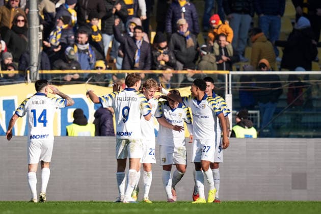 Parma s Oliver Sorensen Jensen celebrates after scoring the 1-0 goal for his team during the Serie A soccer match between Parma and Fiorentina at Ennio Tardini Stadium in Parma, North Italy, Saturday, December 27, 2025. Soccer  Copyright: xMassimoxPaolone LaPressex