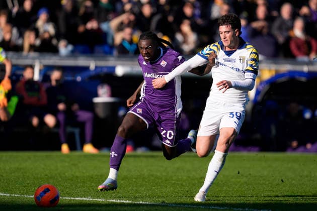 Moise Kean (ACF Fiorentina) and Alessandro Circati (Parma Calcio) battle for the ball, Serie A, Parma Calcio 1913 v ACF Fiorentina, Ennio Tardini Stadium, December 27, 2025, Parma, Italy.