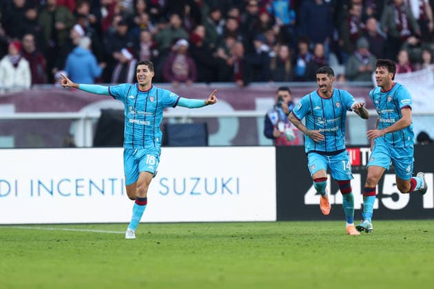 Matteo Prati (Cagliari) celebrates after scoring his team s first goal, Serie A, Torino FC v Cagliari Calcio, Olimpico, December 27, 2025, Turin, Italy.