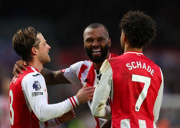 27th December 2025; Gtech Community Stadium, Brentford, London, England; Premier League Football, Brentford versus Bournemouth; Igor Thiago of Brentford scoring his sides 2nd in the 39th minute to make it 2-0 with Kevin Schade and Mathias Jensen of Brentford  JohnxPatrickxFletcher