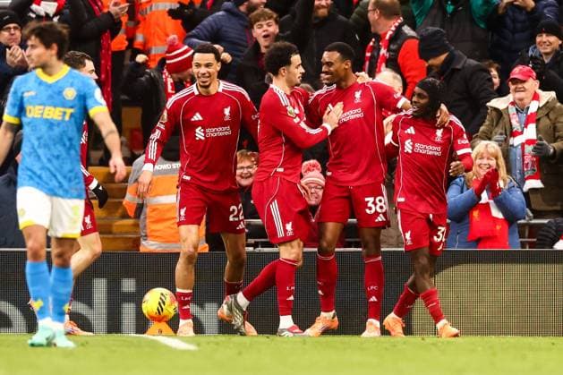 Ryan Gravenberch of Liverpool scores his sides first goal of the match and celebrates with team mates Liverpool v Wolverhampton Wanderers, Premier League, Football, Anfield, Liverpool, UK - 27 Dec 2025Liverpool Anfield United Kingdom EDITORIAL USE ONLY No use with unauthorised audio, video, data, fixture lists, club league logos or live services. Online in-match use limited to 120 images, no video emulation. No use in betting, games or single club league player publications. Copyright: xMarkxKerton Shutterstockx 16213163ar