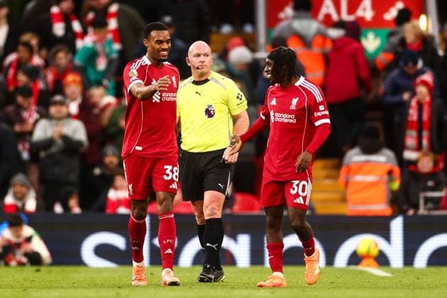 Ryan Gravenberch of Liverpool scores his sides first goal of the match and celebrates with Jeremie Frimpong of Liverpool Liverpool v Wolverhampton Wanderers, Premier League, Football, Anfield, Liverpool, UK - 27 Dec 2025Liverpool Anfield United Kingdom EDITORIAL USE ONLY No use with unauthorised audio, video, data, fixture lists, club league logos or live services. Online in-match use limited to 120 images, no video emulation. No use in betting, games or single club league player publications. Copyright: xMarkxKerton Shutterstockx 16213163at