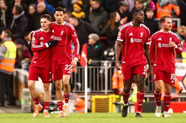 Florian Wirtz of Liverpool scores his sides second goal of the match and celebrates with team mates Liverpool v Wolverhampton Wanderers, Premier League, Football, Anfield, Liverpool, UK - 27 Dec 2025Liverpool Anfield United Kingdom EDITORIAL USE ONLY No use with unauthorised audio, video, data, fixture lists, club league logos or live services. Online in-match use limited to 120 images, no video emulation. No use in betting, games or single club league player publications. Copyright: xMarkxKerton Shutterstockx 16213163bh