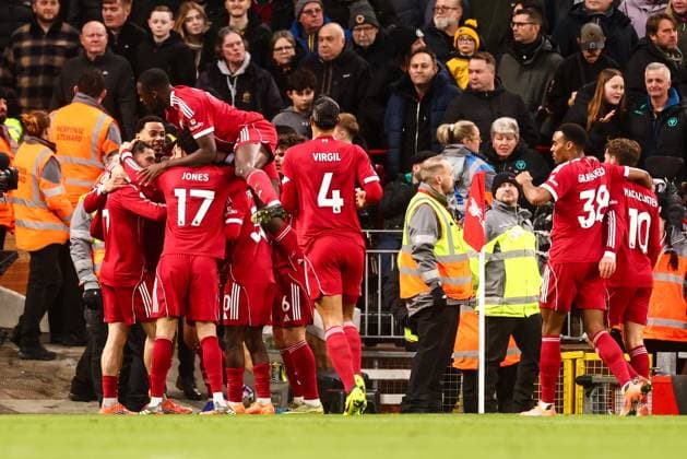 Florian Wirtz of Liverpool scores his sides second goal of the match and celebrates with team mates Liverpool v Wolverhampton Wanderers, Premier League, Football, Anfield, Liverpool, UK - 27 Dec 2025Liverpool Anfield United Kingdom EDITORIAL USE ONLY No use with unauthorised audio, video, data, fixture lists, club league logos or live services. Online in-match use limited to 120 images, no video emulation. No use in betting, games or single club league player publications. Copyright: xMarkxKerton Shutterstockx 16213163bf