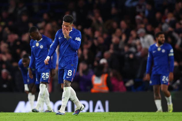 London, England, 27th December 2025. Enzo Fernandez of Chelsea reacts after Ollie Watkins (not pictured) of Aston Villa scores to make it 1-1 during the Chelsea vs Aston Villa Premier League match at Stamford Bridge, London. Picture credit should read: Paul Terry Sportimage EDITORIAL USE ONLY. No use with unauthorised audio, video, data, fixture lists, club league logos or live services. Online in-match use limited to 120 images, no video emulation. No use in betting, games or single club league player publications. SPI_030_PT_Chelsea_Aston_Villa SPI-4397-0030
