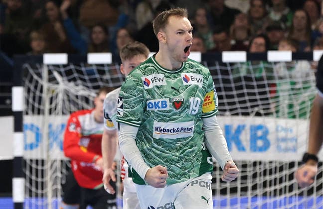 Mathias Gidsel celebrates after goal Joy Emotion Cheers Sport Handball HBL Bundesliga Men 19 Matchday Season 2025 2026 27 12 2025 Füchse Berlin vs Frisch Auf Göppingen