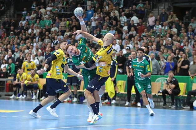 Handball DAIKIN HBL, SC DHfK Leipzig Rhein Neckar Löwen 27 12 2025 Tomas Piroch 7, SC DHfK Leipzig in duel with Lukas Sandell 11, Rhein Neckar Löwen Handball, DAIKIN HBL, 1 Bundesliga, Season 2025 2026, Matchday 19 SC DHfK Leipzig vs Rhein Neckar Löwen on 27 12 2025 at Quarterback Immobilien Arena Leipzig Copyright: xBEAUTIFULxSPORTS JanxKaeferx