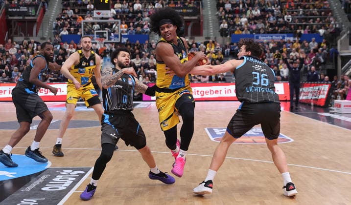 Ludwigsburg , easyCredit Basketball Bundesliga MHP Riesen Ludwigsburg vs Science City Jena , from left Tavian Dunn Martin Jena Stefan Smith Riesen Eric Washington Jena