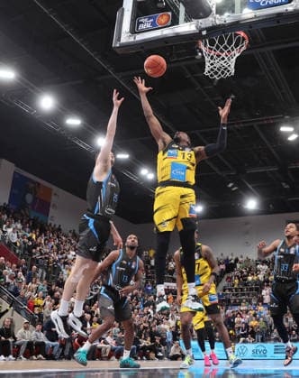 Ludwigsburg , easyCredit Basketball Bundesliga MHP Riesen Ludwigsburg vs Science City Jena , from left Lorenz Bank Jena Yorman Polas Bartolo Riesen