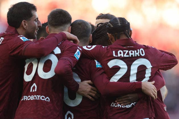 Turin, Italy, 27th December 2025. Nikola Vlasic of Torino FC celebrates with team mates after scoring to give the side a 1-0 lead during the Torino vs Cagliari Serie A match at Stadio Grande Torino, Turin. Picture credit should read: Jonathan Moscrop Sportimage EDITORIAL USE ONLY. No use with unauthorised audio, video, data, fixture lists, club league logos or live services. Online in-match use limited to 120 images, no video emulation. No use in betting, games or single club league player publications. SPI_137_JM_TORO_CAGLIARI SPI-4366-0136