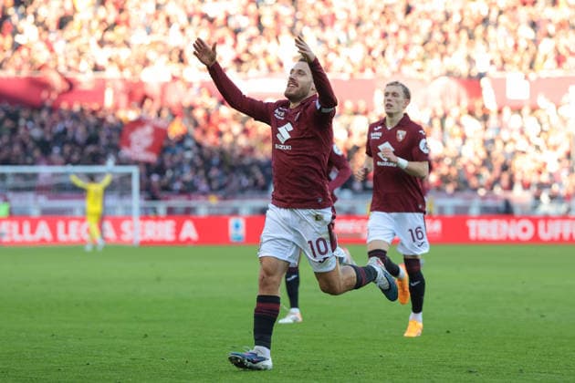 Turin, Italy, 27th December 2025. Nikola Vlasic of Torino FC celebrates after scoring to give the hosts a 1-0 lead during the Torino vs Cagliari Serie A match at Stadio Grande Torino, Turin. Picture credit should read: Jonathan Moscrop Sportimage EDITORIAL USE ONLY. No use with unauthorised audio, video, data, fixture lists, club league logos or live services. Online in-match use limited to 120 images, no video emulation. No use in betting, games or single club league player publications. SPI_138_JM_TORO_CAGLIARI SPI-4366-0137