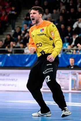 Bietigheim HBL 25 26 SG BBM Bietigheim HBW Balingen Torhueter Daniel Rebmann Balingen Jubel Freude Emotion Bietigheim Bissingen Egetrans Arena Baden Württemberg Germany