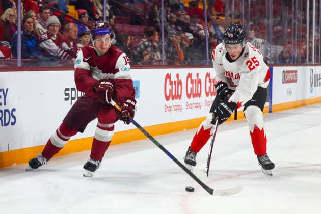December 27, 2025, Minneapolis, Minnesota, United States: Latvia forward DARELS ULJANSKIS (15) and Canada forward CALEB DESNOYERS (25) battle for the puck. Canada and Latvia faced off in the opening round of the IIHF World Junior Championship on December 27th. Canada was victorious, winning 2-1 in overtime. Minneapolis United States - ZUMAt166 20251227_zsp_t166_003 Copyright: xMichaelxTurnerx